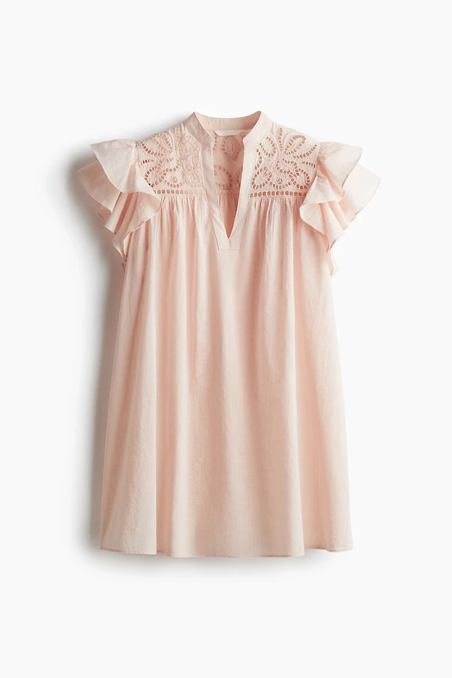 chinese dress ladies Pink Flutter Sleeve Smocked Maxi Dress | Tiered Cotton V-Neck Pale Blush / Xs