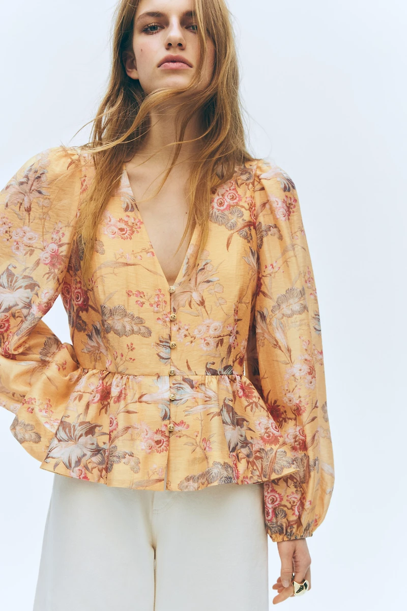 Linen-Blend Peplum Blouse