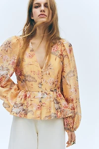 Linen-Blend Peplum Blouse