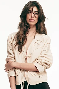 Linen-Blend Eyelet-Embroidered Jacket