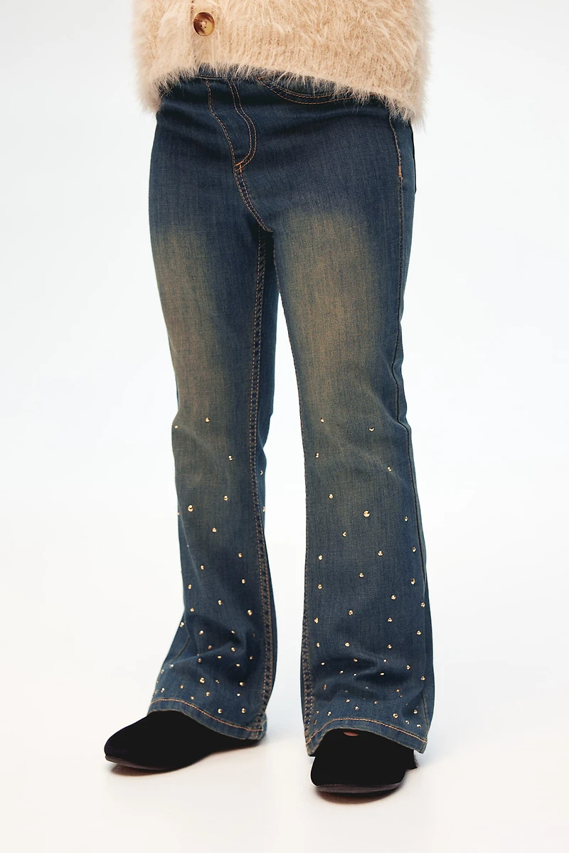 Pantalon sur taille élastique en denim ornementé
