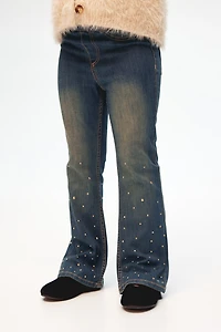 Pantalon sur taille élastique en denim ornementé