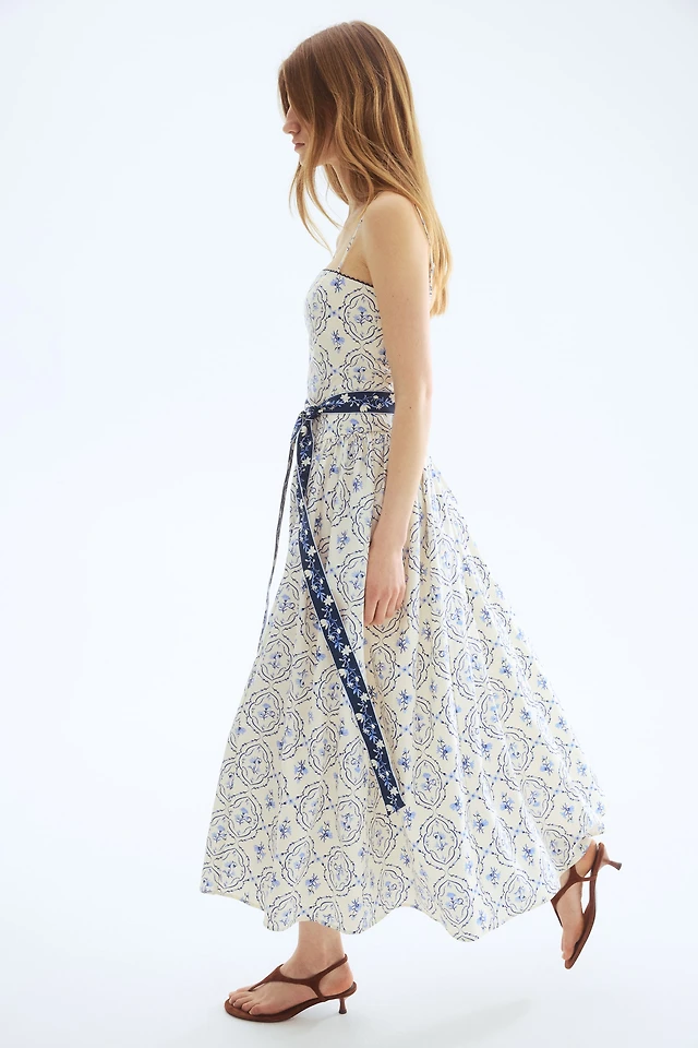 linen dresses midi Beige Tropical Print Linen Strapless Dress - Midi Dresses