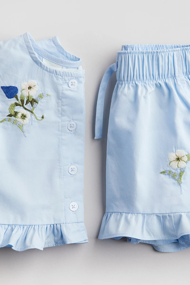 2-Piece Embroidery-Detail Poplin Set