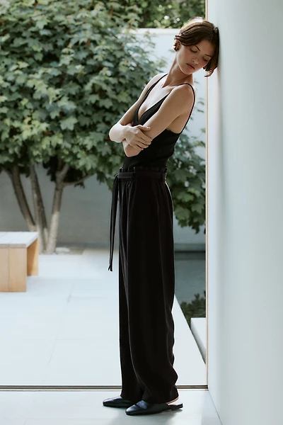 Tie-Belt Barrel-Leg Pants