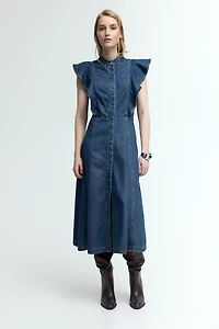 Flounce-Trimmed Denim Dress