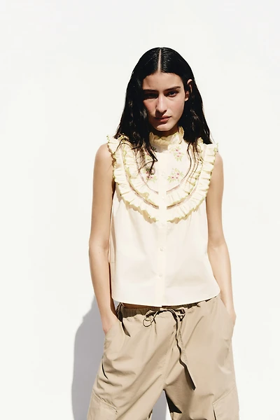 Ruffle-Trimmed Top with Embroidery