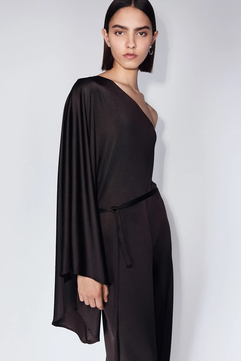 Tie-Belt One-Shoulder Jumpsuit