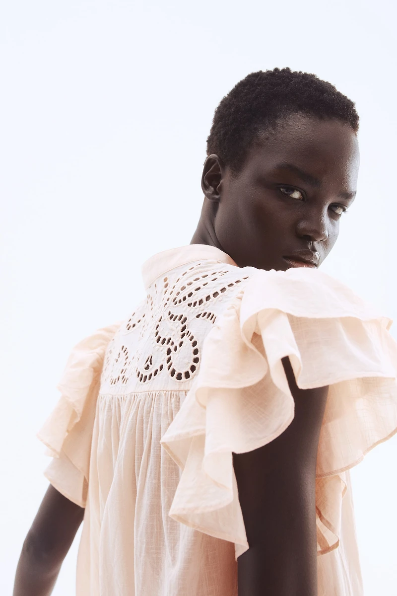 Flutter-Sleeve Dress with Eyelet Embroidery