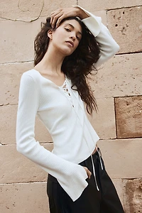 Lacing-Detail Rib-Knit Top