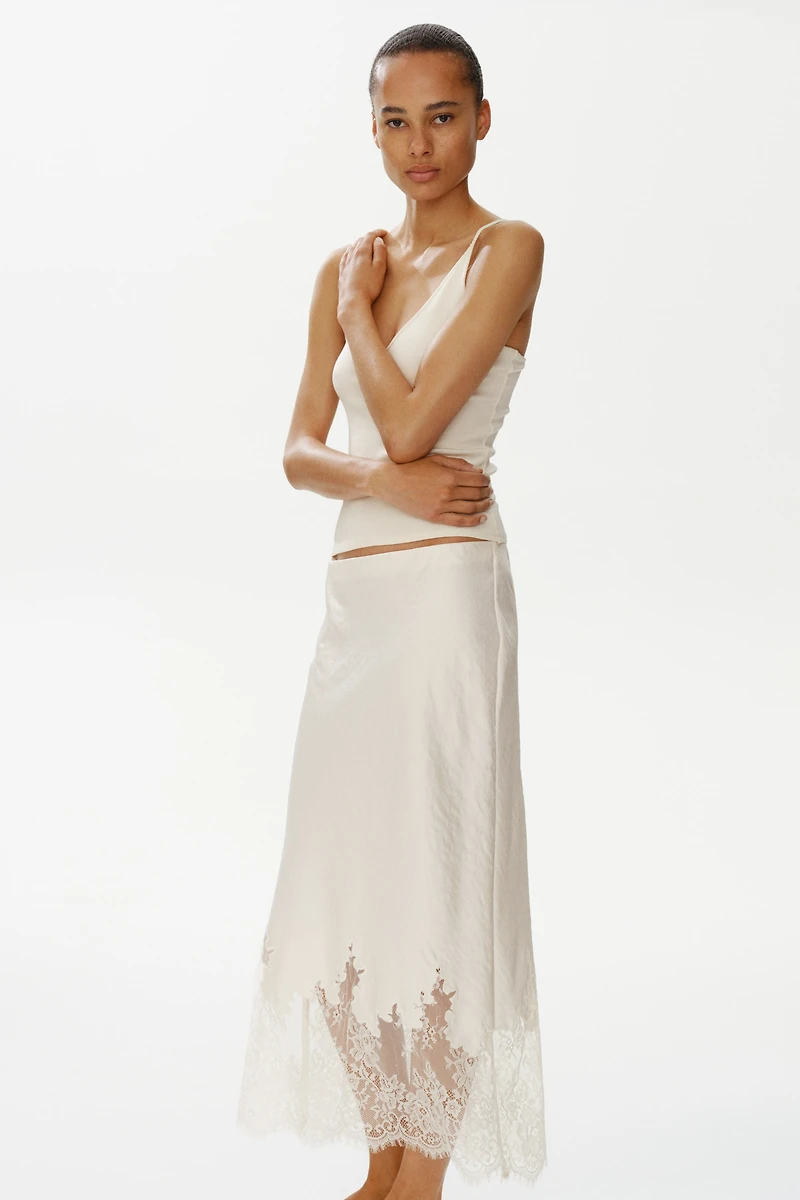 Lace-Trimmed Satin Skirt