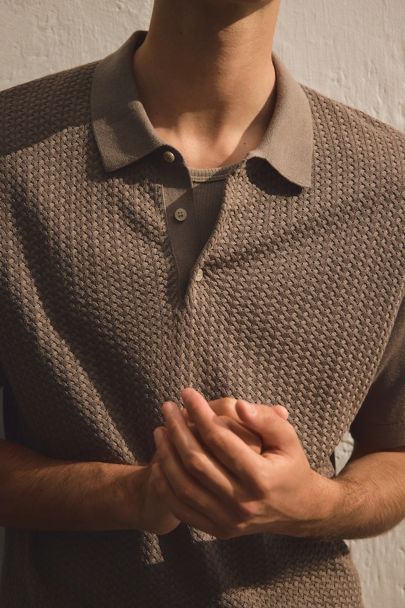 Slim-Fit Cable-Knit Polo Shirt