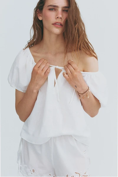 Puff-Sleeved Linen-Blend Blouse