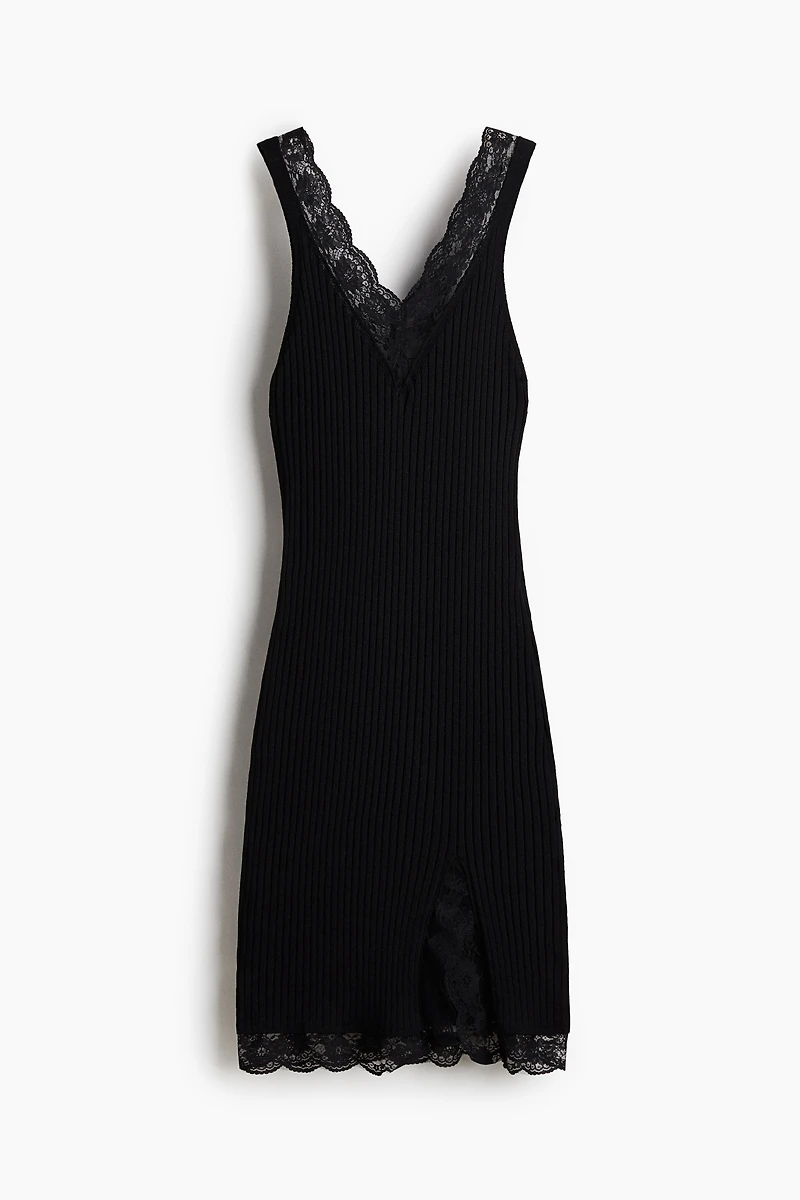 Lace-Trimmed Rib-Knit Dress
