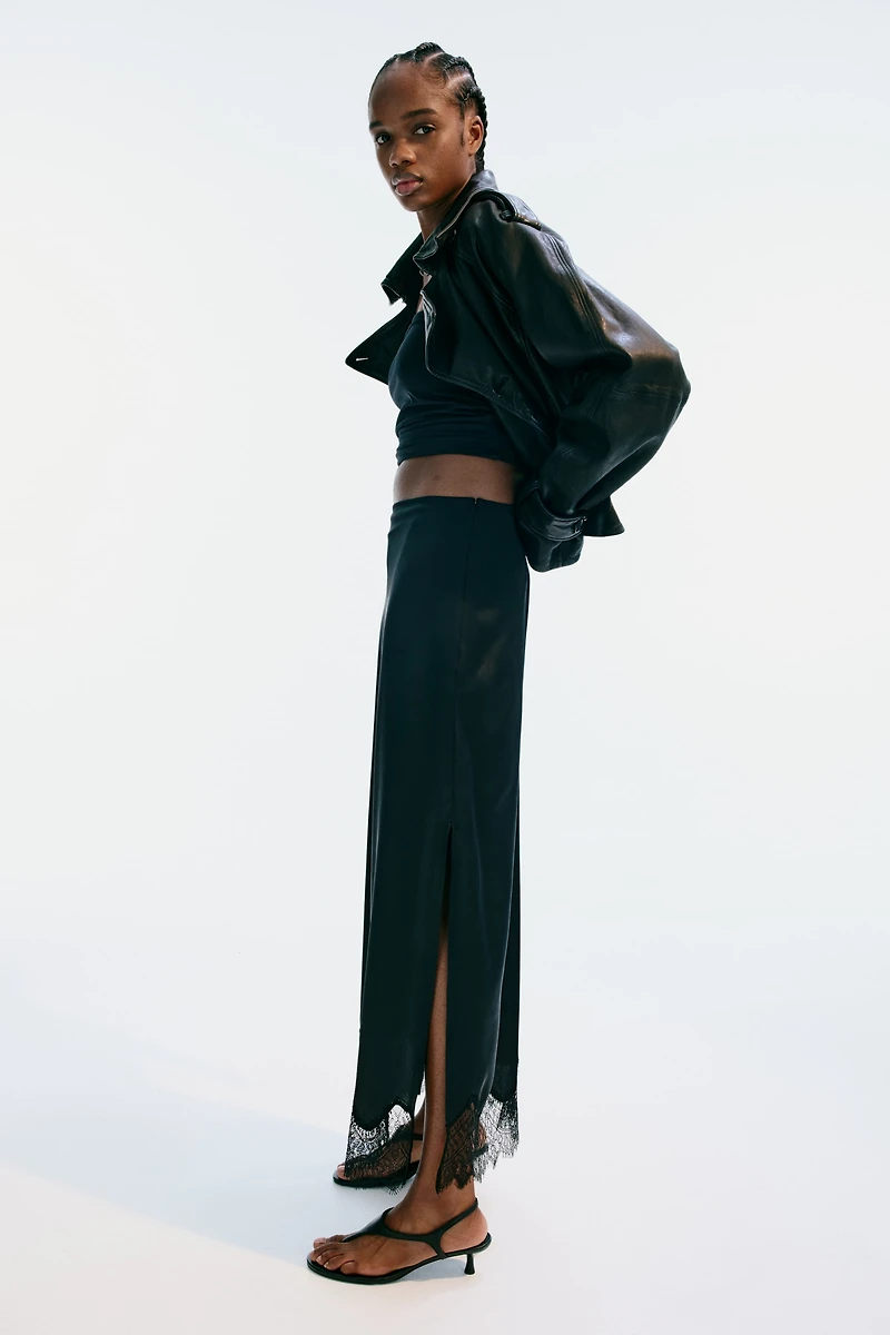 Lace-Trimmed Satin Skirt