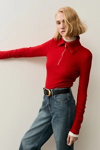 Haut en tricot côtelé à col fermeture éclair