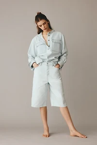 High-Waist Knee-Length Denim Shorts