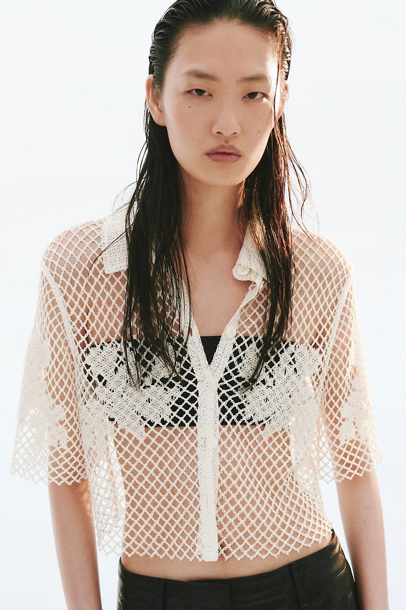 Bead-Detail Crochet-Look Shirt