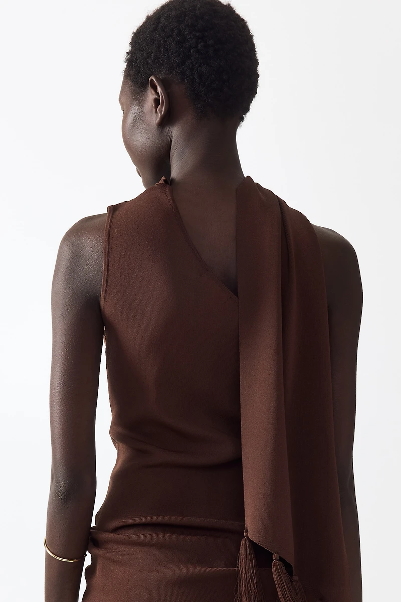 One-Shoulder Scarf-Detail Knit Top