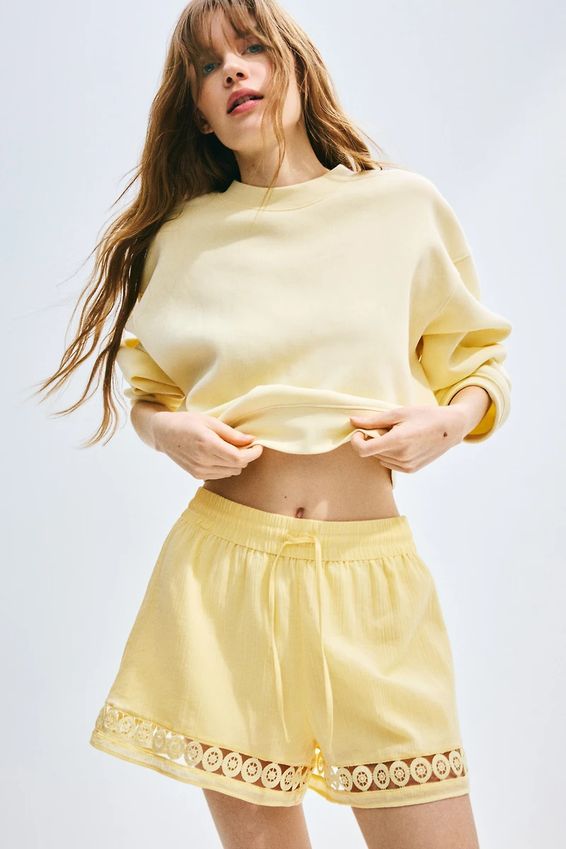 High-Waist Lace-Inset Drawstring Shorts