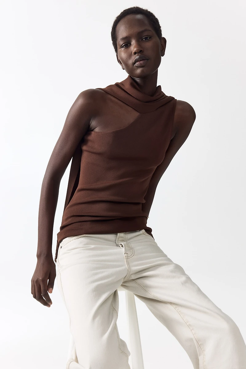 One-Shoulder Scarf-Detail Knit Top