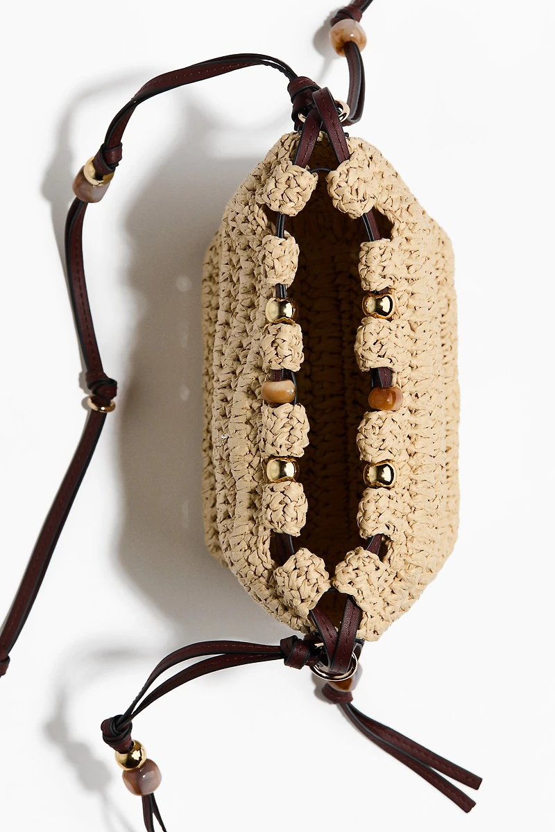 Bead-Detail Straw Crossbody Bag