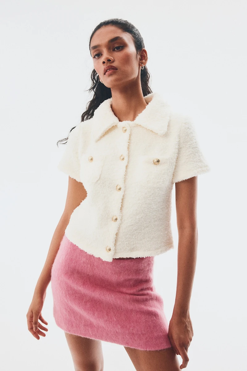 Short-Sleeved Teddy-Fleece Cardigan