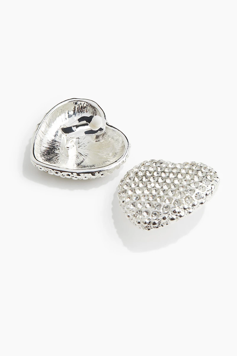 Heart-Shaped Rhinestone Clip Earrings