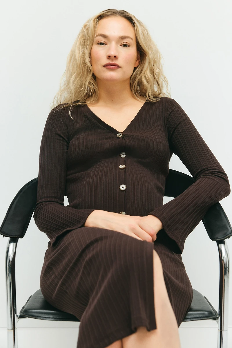 MAMA Button-Front Rib-Knit Dress