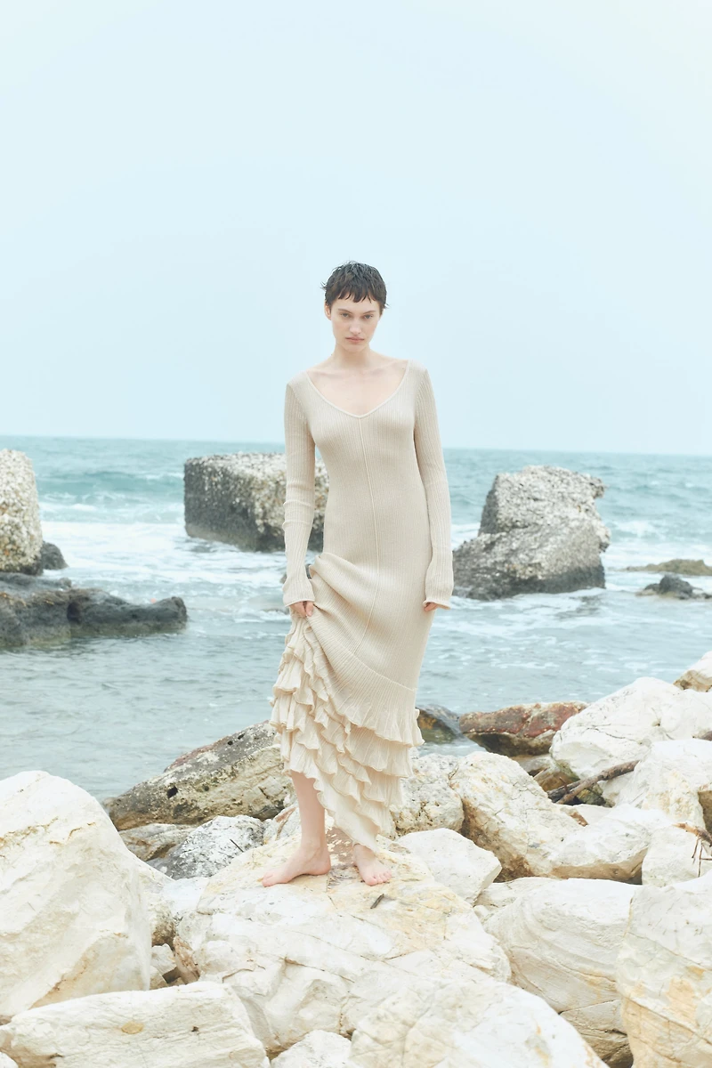 Flounced Rib-Knit Dress