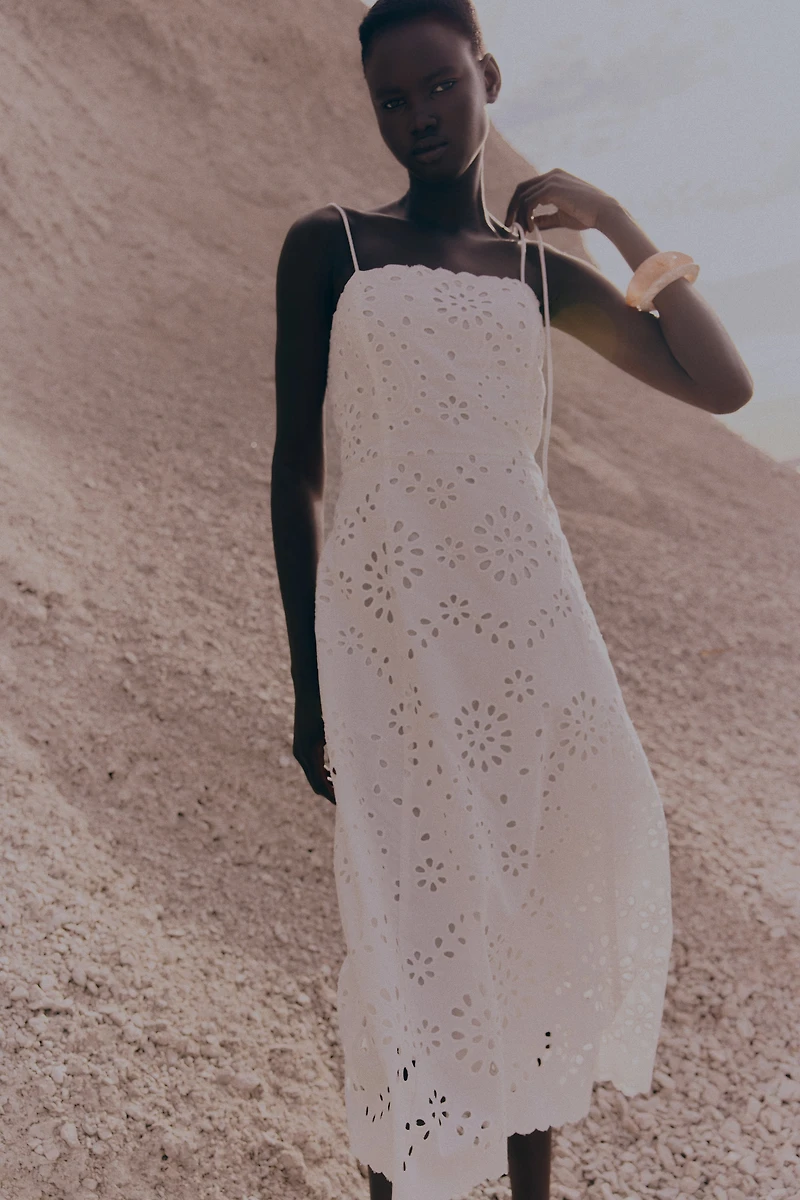 Eyelet Embroidered Tie-Shoulder-Strap Dress