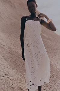 Eyelet Embroidered Tie-Shoulder-Strap Dress