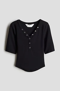 Decorative-Placket Ribbed Top