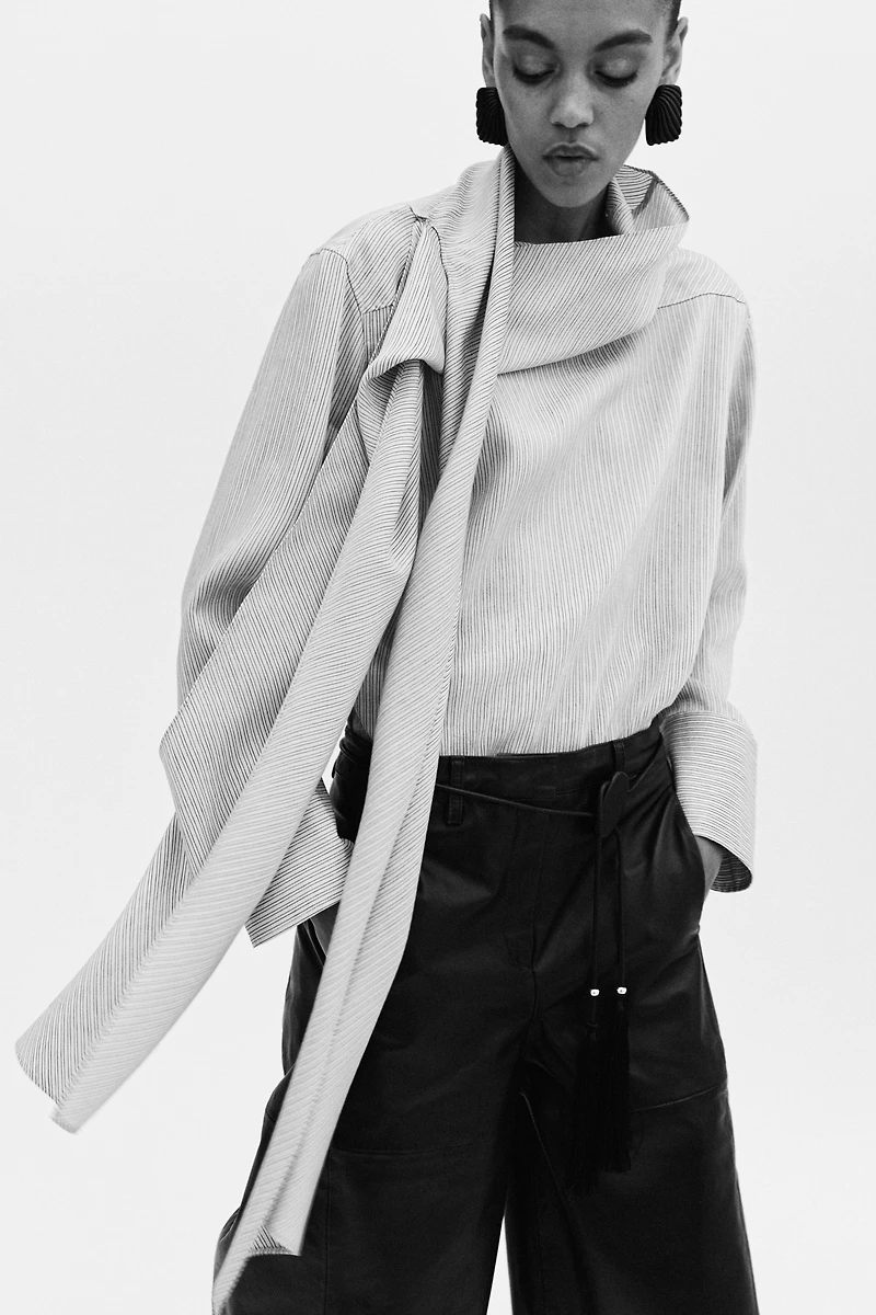 Linen-Blend Blouse with Scarf Collar