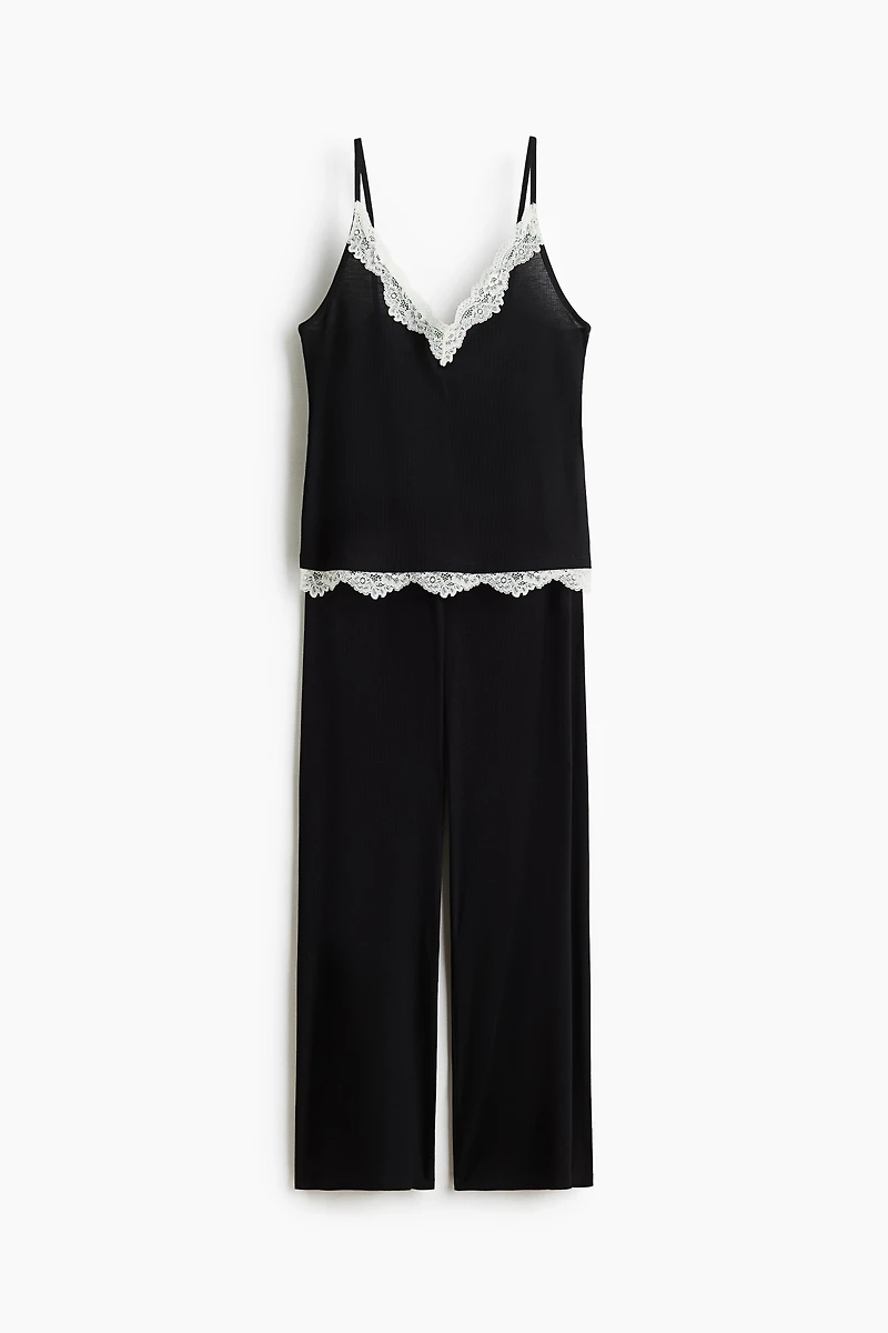 Lace-Trimmed Ribbed Pajamas