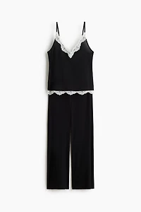 Lace-Trimmed Ribbed Pajamas