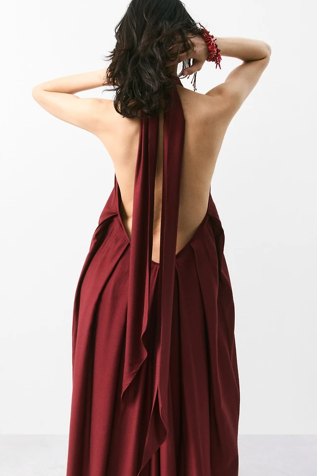 burgundy formal wedding guest dress H&M Studio Satin Maxi Slip Dress Burgundy Size 14- New – WARDROBE WILDERNESS main image 0