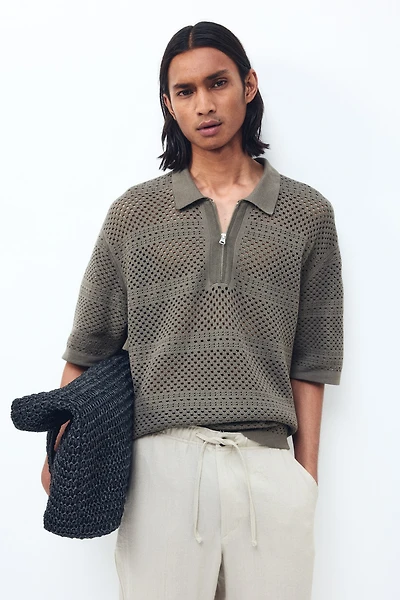Relaxed-Fit Open-Knit Polo Shirt