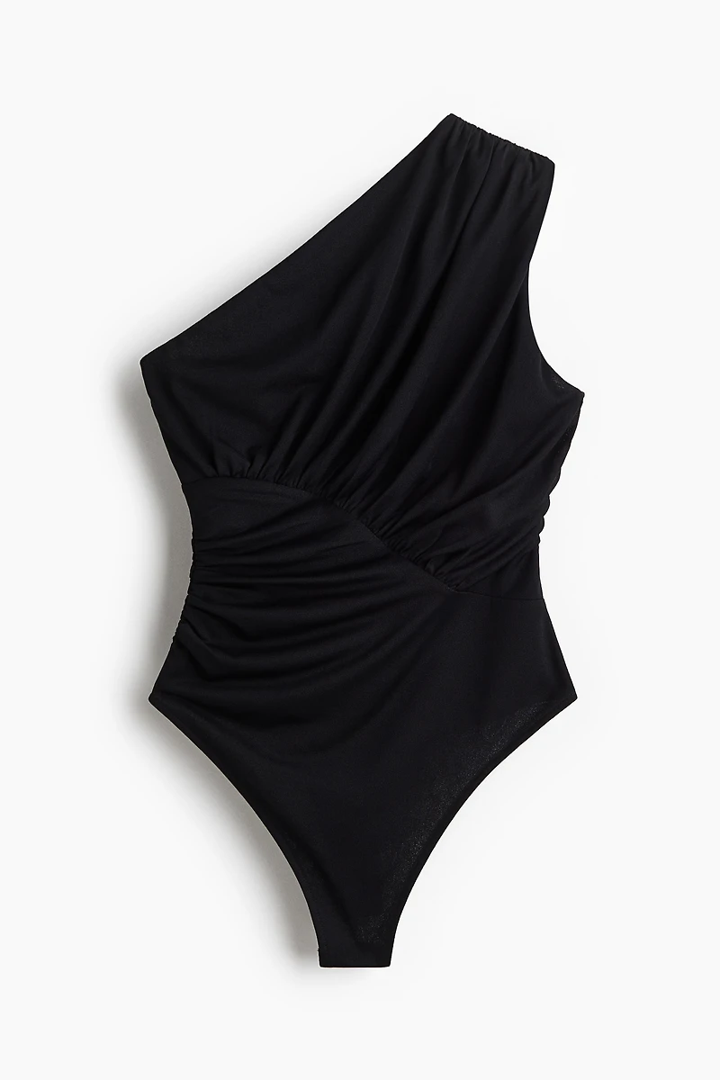 Draped One-Shoulder Thong Bodysuit