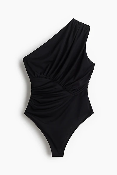 Draped One-Shoulder Thong Bodysuit
