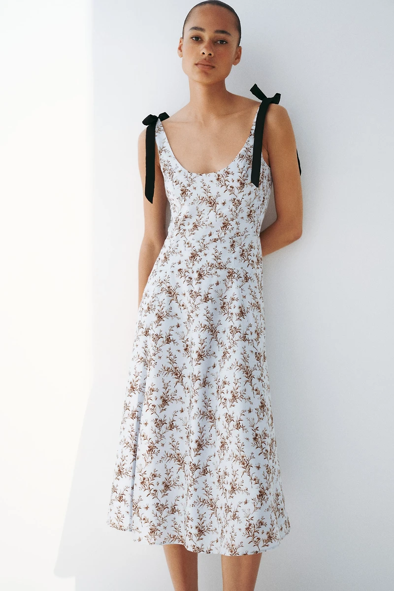 Flared Dress with Tie Shoulder Straps