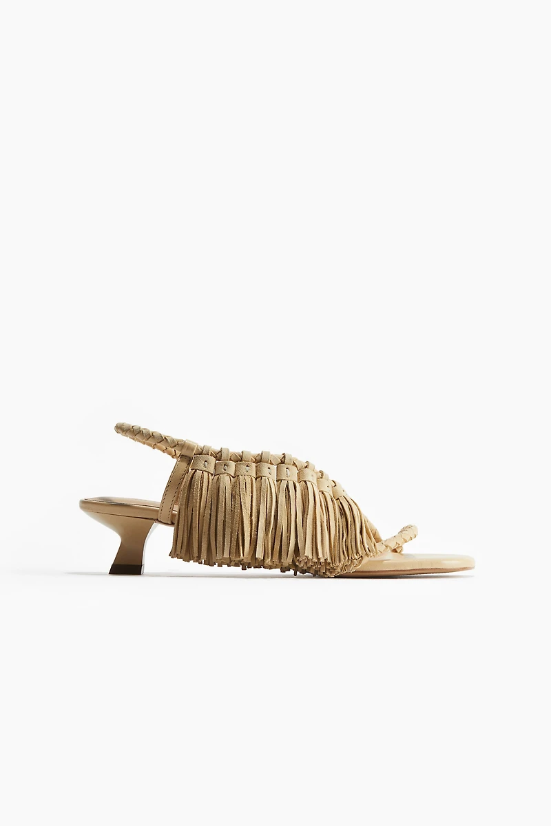 Fringe-Trimmed Heeled Sandals