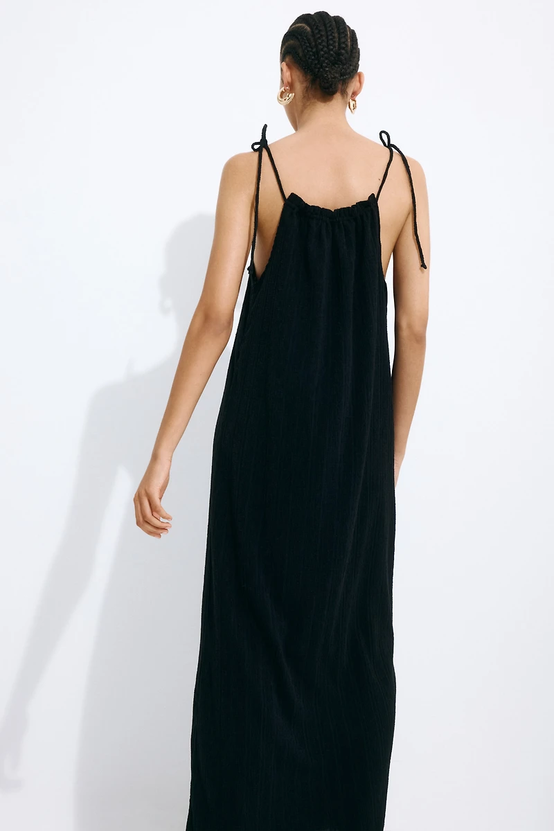 Crinkled Dress with Tie Shoulder Straps