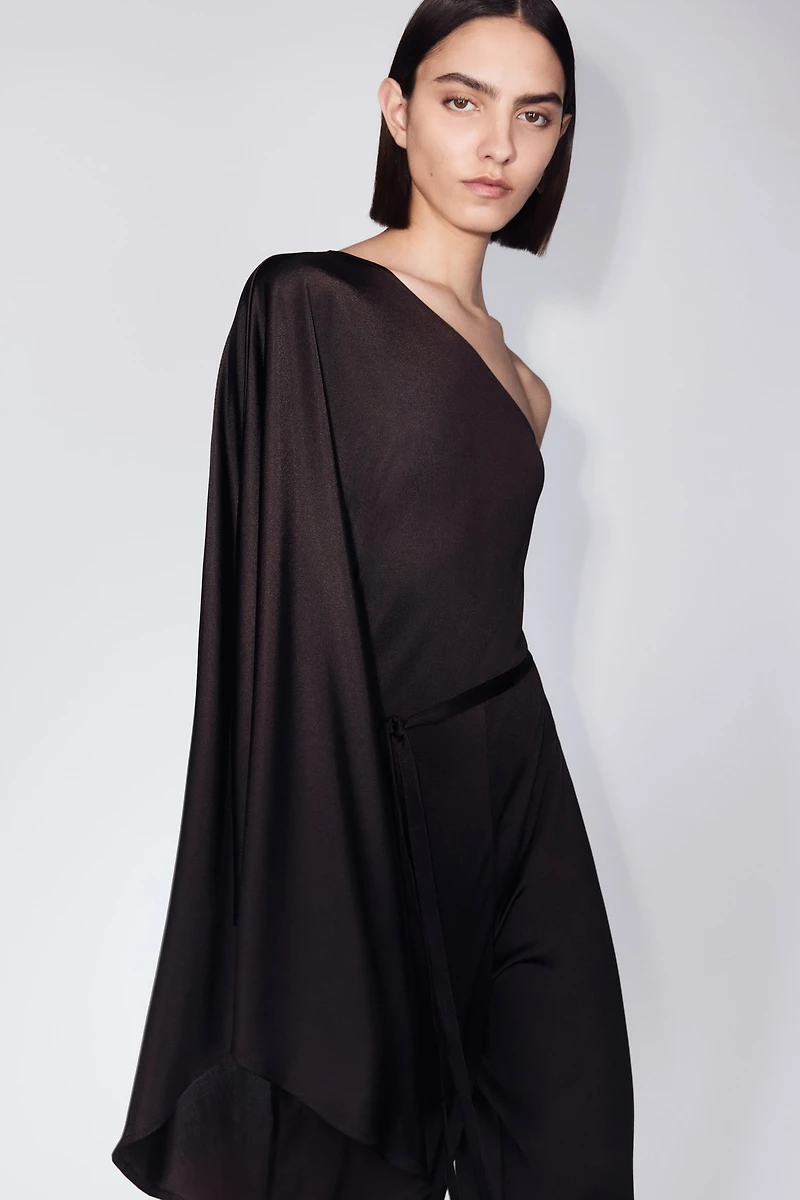 Tie-Belt One-Shoulder Jumpsuit