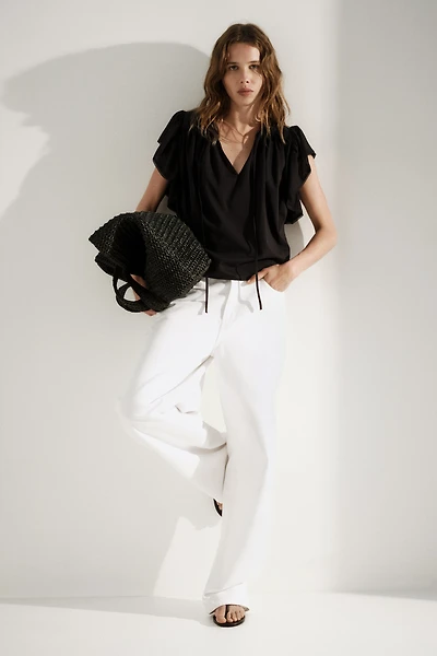 Flutter-Sleeved Lace-Trimmed Blouse