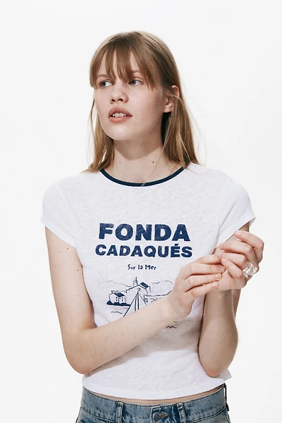 Linen-Blend Print-Motif T-Shirt