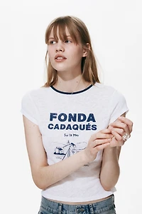 Linen-Blend Print-Motif T-Shirt