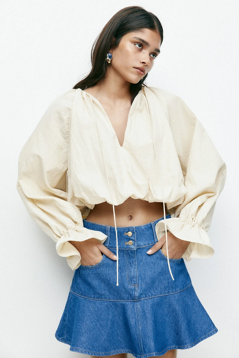 Flounced denim mini skirt