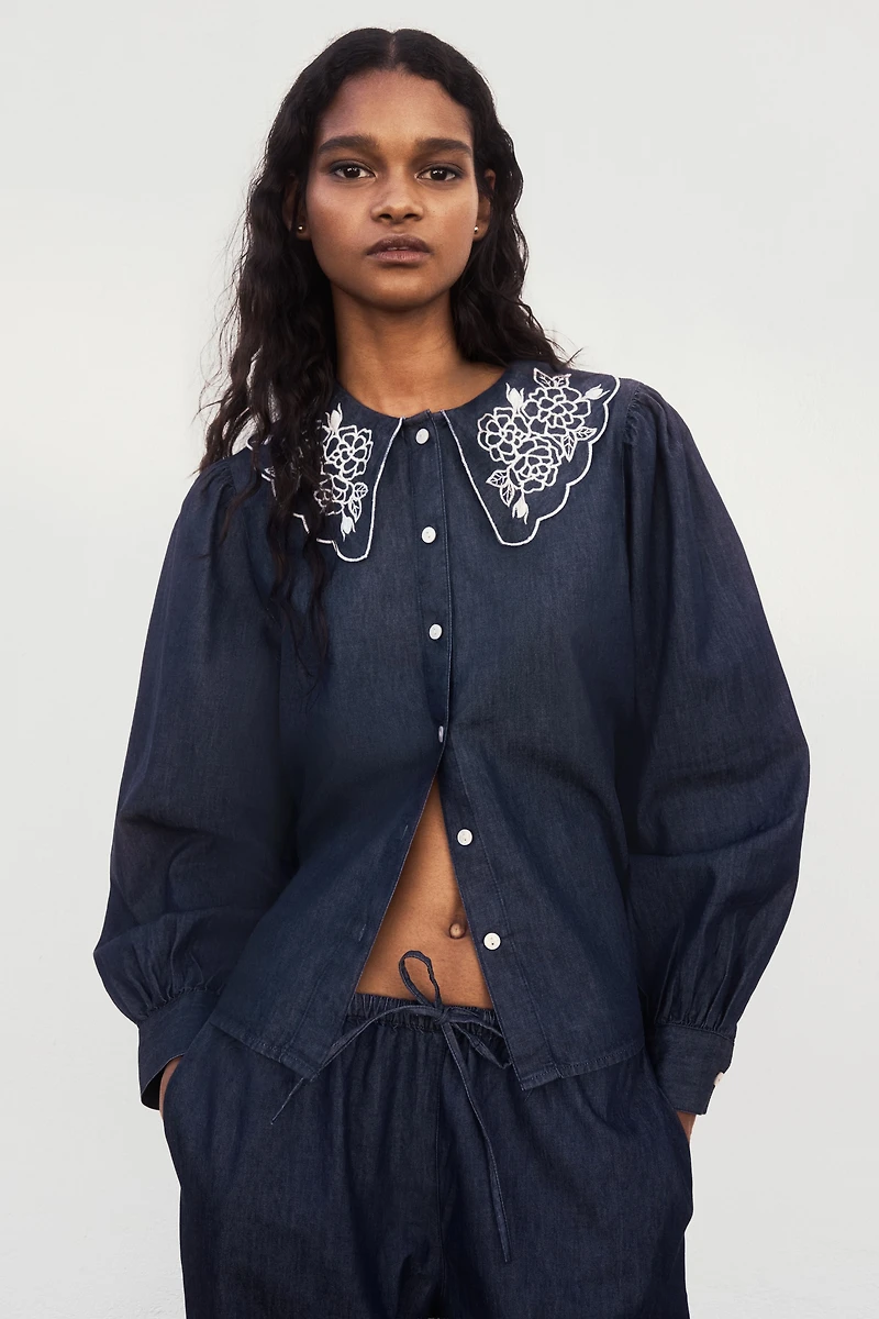 Embroidered-Collar Denim Blouse