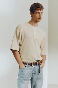 T-shirt à col tunisien ample en lin mélangé